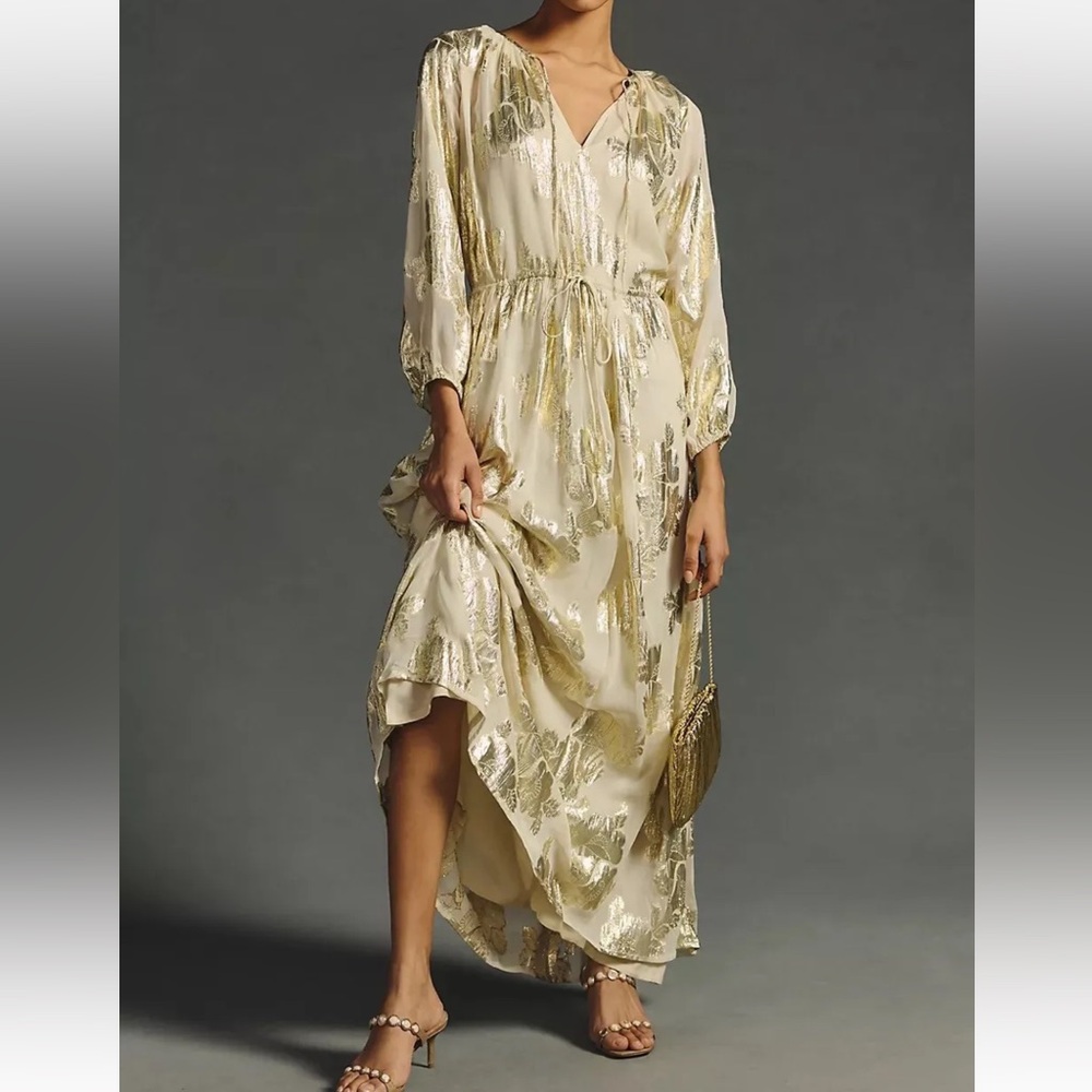 NWT Anthropologie Pinaccle Shruti Sancheti Floral Metallic Thread Maxi Dress